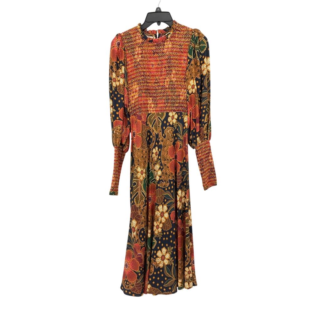 Farm Rio Flowered Leopards Long Sleeve Midi Dress Womens Size XS Smocked Bodice
